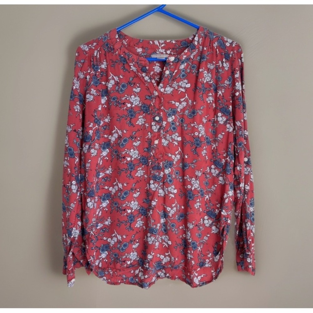LOFT Popover Top Womens Floral Henley Long Sleeve Rayon Sz Small Boho Cottage